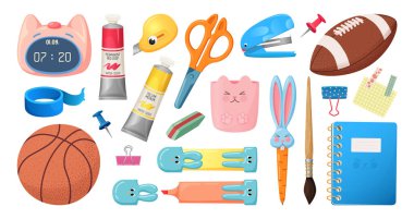 Okul malzemeleri hazır. Okul konseptine geri dönelim. Şirin okul, ofis kırtasiyesi. Kalem, zımba, toplar, silgi, çalar saat, boya tüpleri, boya fırçası, defter, makas. Çizgi film vektör illüstrasyonu.