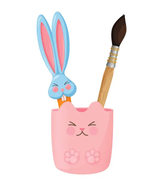 Kalem ve okul malzemeleriyle şirin pembe kalem tutacağı. Kalemler, kalemler, fırçalar için bir kupada çocuk tavşan kalemi ve kawaii kedi karakteri. Vektör karikatür çizimi beyaz arkaplanda izole edildi.