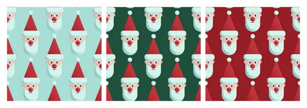 Noel Baba 'nın başı pürüzsüz desen ayarlandı. Noel Baba 'nın yüzü kırmızı, mavi ve yeşil arka plan renkleriyle. Paketleme, kumaş ve ambalaj kağıdı için Yeni Yıl vektör tasarımı.