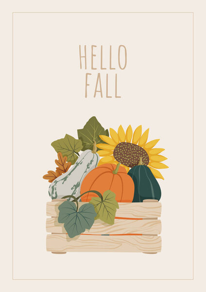 Autumn harvest card with colorful pumpkins, sunflowers, and leaves in wooden farm crate box. Hello fall arrangement for postcard, banner, poster, sticker, and festival design. Vector illustration.