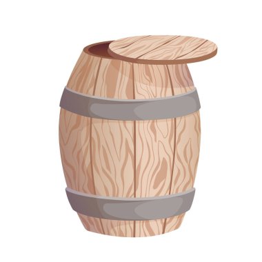 Bal, üzüm, sonbahar hasadı, bira, şarap ya da diğer alkollü içecekler için tahta fıçı. Etiketler, kartpostallar, afişler için çizgi film tarzı fıçı. Beyaz arkaplanda izole edilmiş vektör illüstrasyonu.