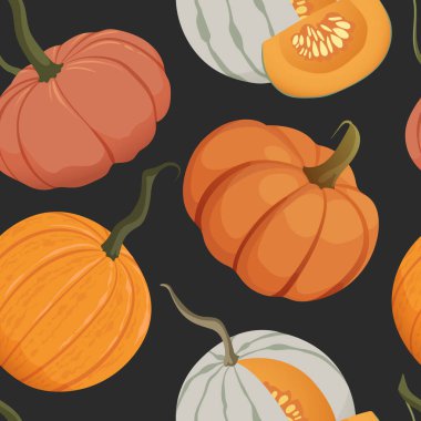 Balkabağı pürüzsüz desen. Sonbahar portakal kabağı hasadı. Ambalaj kağıdı, kart, tekstil, duvar kağıdı, afiş, poster, iç dekorasyon için arka plan tasarımında sonbahar kabağı kabağı. Vektör illüstrasyonu.