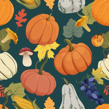 Sonbahar hasat şablonu kusursuz. Şükran Günü ambalaj kağıdı, kağıt, tekstil, pankart ve duvar kağıdı için sonbahar arkaplan tasarımında balkabağı, üzüm, mısır, ayçiçeği ve mantar. Vektör illüstrasyonu