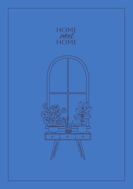 Mutlu yeni ev çizgileri tebrik kartı, afiş ya da mavi arka planda bir poster. Hoş geldin davetiyeleri. Pencere kenarında sergilenen sanat eserleri ve ev bitkileri var. Doğrusal monokrom vektör çizimi.