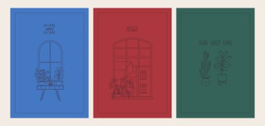 Yeni tebrik kartı setini özetle. Yeni eve taşınma davetiyeleri, pencere eşiğinde, şehir manzarasında ve kırmızı, yeşil ve mavi arka planlarda çizgili sanat evi bitkilerinin olduğu kartpostallar. Doğrusal vektör çizimi.