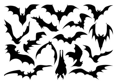 Cadılar Bayramı yarasaları siluet simgesi seti. Cadılar Bayramı korku gecesi. Parti dekorasyonları için siyah vampir yarasalar Cadılar Bayramı davetiyeleri, kartlar, afişler ve posterler. Vektör dekor ögesi çizimleri.