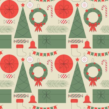 Noel modern geometrik kusursuz desen. Kış bayramı sembolleri ve dekorasyonlarıyla soyut bir geçmiş. Ambalaj kağıtları, web siteleri, afişler, posterler, kartlar, duvar kağıtları için. Vektör yüzey tasarımı.