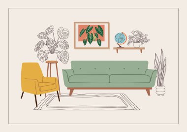 Yeni ev tebrik kartı, baskı, poster. Ev partisi davetiyesi ve iç mekan. Kanepesi, koltuğu ve çiçekleri olan bir kartpostalda yaşamak için yeni bir yer. Düz vektör illüstrasyonu.