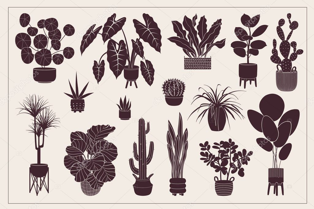 Potted plant silhouette icon set. Indoor house plants in flowerpots. Doodle sketch home flowers in pots for home decor. Botanical vector illustration for cards, banners, web design, and posters.