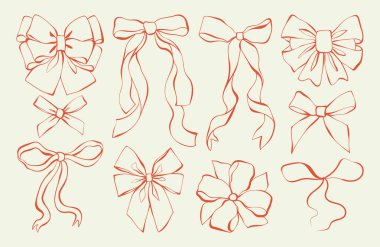 Fiyonklar ve kurdeleler elle çizilmiş. Noel, doğum günü, düğün, Sevgililer Günü için hediye paketleme seti. Tebrik kartı, pankart, kartpostal, poster, davetiye için karalama çizgisi