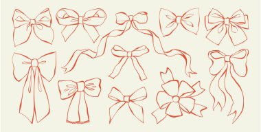 Fiyonk ve kurdele seti. Taslak, hediye, sürpriz ya da saç dekoru için bayram fiyonkları çiziyor. Çizgi sanatı Noel, Sevgililer Günü, doğum günü kartları, davetiyeler için el çizimi vektör çizimi.