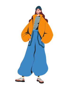 Spor tarzı sonbahar moda kıyafetleri giyen genç bir kadın. Sıradan kıyafetler giyen modern bir kız. Modaya uygun renkli kıyafetler. Beyaz arka planda izole edilmiş zarif kadın vektör çizimi