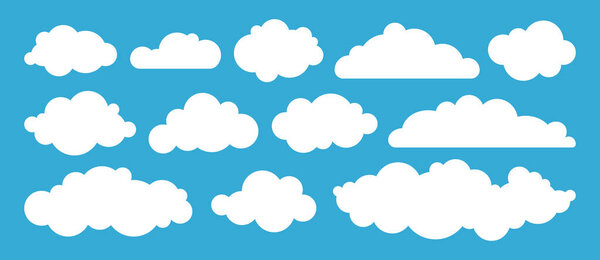 Мультяшные облака. Пушистые белые кучевые облака, собранные на голубом фоне неба. Плоская простая векторная иллюстрация элементов облачного ландшафта для дизайна баннеров, листовок, обложки, веб-сайтов. Облачный день