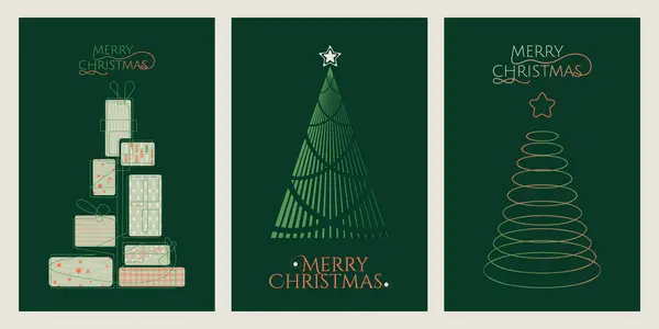 Mutlu Noeller tebrik kartı seti. Modern yeşil Noel davetiyesi ya da soyut Noel ağaçlarının olduğu bir kartpostal şablonu. Vektör minimalist illüstrasyon Yeni Yıl afişleri, afişler için selamlama.