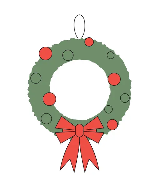 Noel kapısının minimalist çizimi. Kış tatili dekorasyonu için köknar dalı, kırmızı kurdele ve kırmızı toplarla Xmas dekorasyonu. Düz vektör çizimleri beyaz arkaplanda izole edildi