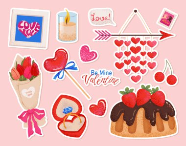 Sevimli sevgililer günü çıkartması seti. Kalp şekilli aşk unsurları, şekerler, planlayıcı ve günlük için çiçekler, poster ve tebrik kartları, romantik hediyeler ve ambalaj dekoru. El çizimi vektör illüstrasyonu.