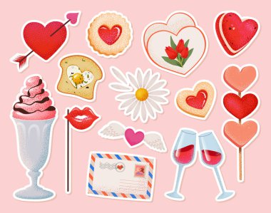 Sevimli sevgililer günü çıkartması seti. Kalp şekilli aşk unsurları, şekerler, planlayıcı ve günlük için çiçekler, poster ve tebrik kartları, romantik hediyeler ve ambalaj dekoru. El çizimi vektör illüstrasyonu.