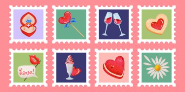 Sevgililer Günü ve aşk için posta pulları. Romantik unsurlar: kalpler, çiçekler, tatlılar ve dekorasyon, aşk mektubu, çıkartmalar, hatıra defteri, tebrik kartı. Vektör çizgi film illüstrasyonu