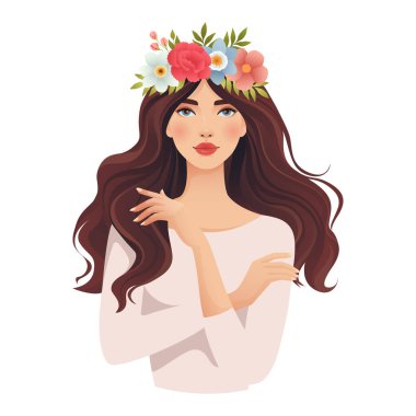 Çiçek çelenkli güzel bir kadın. Mutlu Kadınlar Günü için bahar çiçeği kompozisyonu olan güzel bir kız 8 Mart kartı, afiş, poster, web sitesi. Genç kadın portresi. Kadın karakteri. Vektör illüstrasyonu