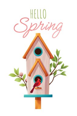 Merhaba Spring vektör illüstrasyonu. Kuş yuvası, dalları, kuşları ve harfleri olan şirin bir bahar sezonu geçmişi var. Kartlar için bahar tasarımı, poster, afiş, el ilanı, etiketler, sosyal medya, promosyon, rozet