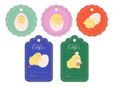 Yumurtadan çıkan tatlı piliçlerle dolu Paskalya hediye etiketi. Renkli Paskalya hediye etiketleri ve sarı tavuklu fiyat etiketleri. Etiket için şablonlar, paketleme hediyesi, özel kart, ambalaj dekorasyonu. Düz vektör illüstrasyonu