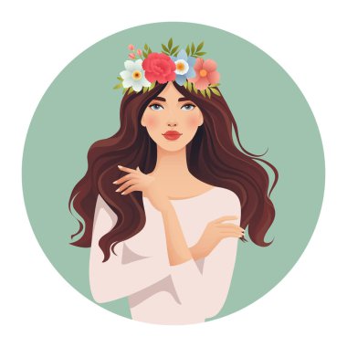 Çiçekli güzel bir kadın portresi. Mutlu Kadınlar Günü için bahar çiçeği kompozisyonu olan güzel bir kız 8 Mart kartı, afiş, poster, web sitesi. Genç bayan karakter. Vektör illüstrasyonu.