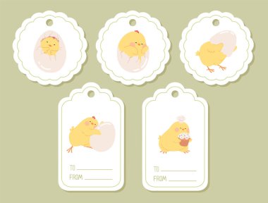 Yumurtadan çıkan güzel piliçlerle dolu Paskalya hediye etiketi. Paskalya hediyesi etiketleri ve sarı tavuklu fiyat etiketleri. Etiket için şablonlar, paketleme hediyesi, özel kart, ambalaj dekorasyonu. Düz vektör illüstrasyonu