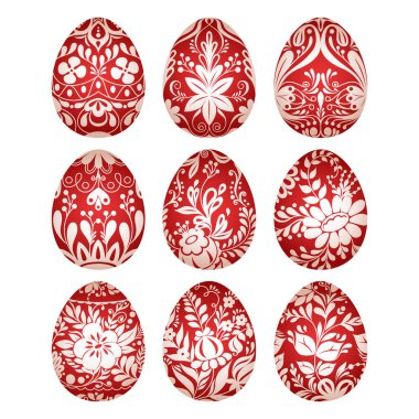 Set of traditional easter eggs decorated with floral ethnic folk floral patterns. Red decorative eggs vector illustrations. Happy easter painted monochrome eggs ornate for hunting celebrations. clipart