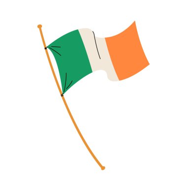 İrlanda bayrağı. Rüzgarda dalgalanan İrlanda bayrağı dikey olarak yeşil, beyaz ve turuncu çizgilere sahiptir. Aziz Patrick Günü için bayrak ya da İrlanda Bağımsızlık Günü dekoru, bayrak, kart. Basit vektör illüstrasyonu.