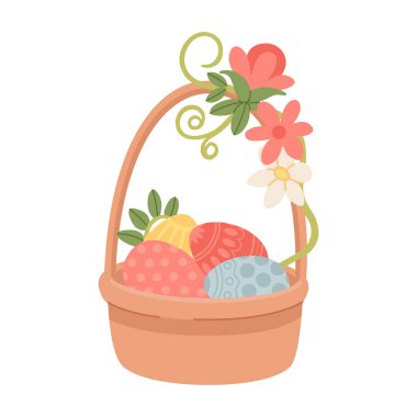 Renkli yumurta ve çiçeklerle dolu Paskalya hasır sepeti. Bahar bayramı hediyeleri, kartlar, afişler, çıkartmalar, dekoratif yumurtalar ve bahar çiçekleri. Çizgi film vektör illüstrasyonu.