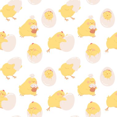 Paskalya yavruları pürüzsüz kalıplar. Davetiyeler, afişler, hediye paketi, duvar kâğıdı, çocuk tekstili, ambalaj, tebrik kartı gibi şirin sarı piliçlerle mutlu paskalya arkaplanları..