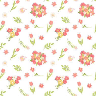 Kırmızı laleler pürüzsüz desen. Paskalya, Anneler Günü, doğum günü dekoru, ambalaj kağıdı, duvar kağıdı, kumaş için basit bahar çiçekleri. Botanik zarif yazdırma vektörü çizimi.