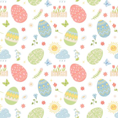 Yumurtalar, bahar çiçekleri, güneş, laleler, kelebekler, papatyalar. Davetiyeler, afişler, hediye paketleri, çocuk tekstil ürünleri, ambalajlar ve tebrik kartları için Mutlu Paskalyalar.