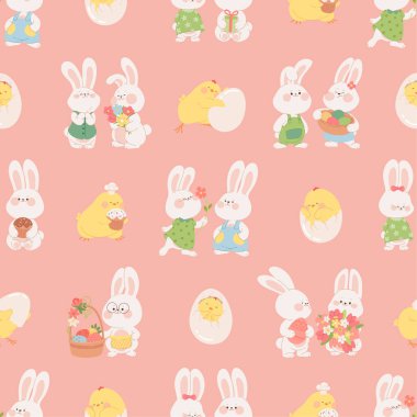 Tatlı Paskalya tavşanı kusursuz desen. Tavşanlar ve piliç karakterli pembe paskalya arkaplanı. Paket kağıtları, paketler, kumaşlar, Paskalya davetiyesi kartı, afiş, web sitesi için tavşan çiftleri desenleri.