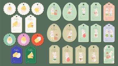 Güzel tavşanlar ve piliçlerle dolu Paskalya etiketleri. Paskalya bayramı için tavşanlı, yumurtalı ve çiçekli etiketler. Çizgi film karakterli etiket, etiket ve rozet için vektör illüstrasyonu.