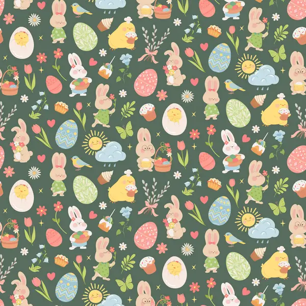 Çiçekleri, paskalya yumurtaları, tavşanları ve civcivleri olan şirin paskalya desenleri. Paket kağıdı, paket, tekstil, duvar kağıdı, ambalaj, afişler, posterler ve web siteleri için yeşil Paskalya arkaplanı.