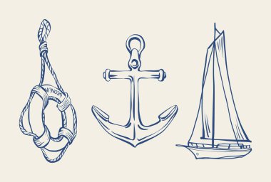 Çapası, can simidi ve el yapımı mürekkep çizimi tarzında yatı olan deniz mahsulleri. Yaz, seyahat, deniz ve yelkencilik temaları, posterler, kartlar, desenler için sırada mavi deniz tasarımı.