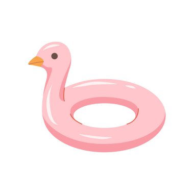 Pembe ördek şekilli şişme havuz. Çocuklar için şişirilebilir yüzme yüzüğü. Yüzme, plaj, tatil ve su aktiviteleri için eğlenceli bir yaz şamandırası. Vektör illüstrasyonu.