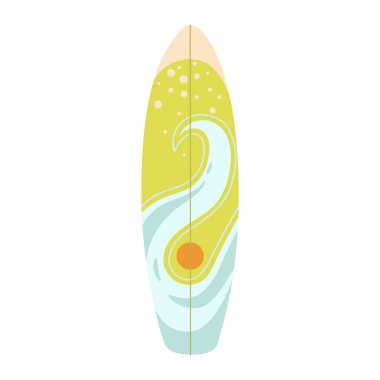 Renkli tropikal baskılı sörf tahtası. Deniz dalgası ve güneşli parlak sörf tahtası. Baskı, kart, afiş, spor teması, çıkartma, sosyal medya için düz retro yaz tasarımı. Vektör illüstrasyonu.