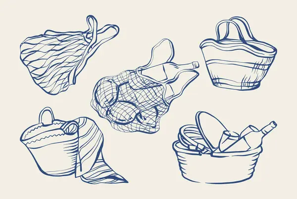 El yapımı plaj çantası seti. Plaj çantalarının, çantaların, piknik sepetlerinin, limonların, şişelerin, havluların yaz mürekkebi çizimi. Klasik Akdeniz karalama vektörü. Posterler, kartlar, davetiyeler için yaz skeci. 