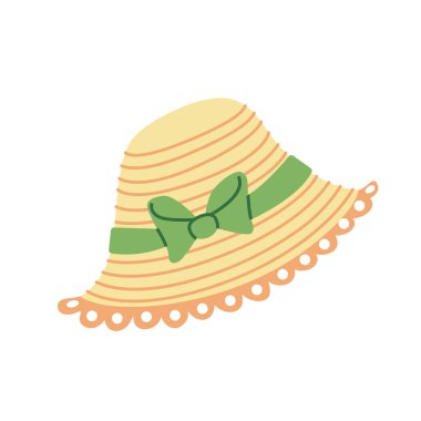 Kadın şapkası. Kadınların plaj hasır şapkası. Beyaz arka planda kadınlar için düz çizgi film başlığı. Yaz tatili aksesuarı güneş koruması için.