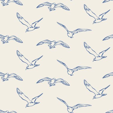 Martılar pürüzsüz desenli. Hafif bir arka planda kusursuz uçan kuş sürüsü. Kumaş, ambalaj kağıdı, ambalaj, deniz tasarımı, duvar kağıdı için el çizimi mavi çizgi çizimi sanat vektörü çizimi çizimi.