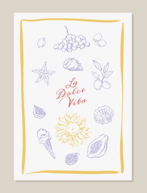 La Dolce Vita posteri. Kıyıdaki elementlerin olduğu klasik İtalyan yaz kaprisli kart. Akdeniz el çizimi, limon, üzüm, ayçiçeği, deniz kabuğu, dolce vita tarzı poster, afiş.