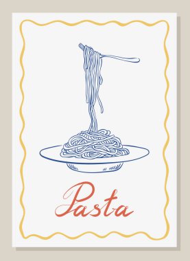 Makarna posteri. Makarnalı spagetti ve çatallı el yapımı mürekkep. Retro La Dolce Vita mutfak posteri, menüsü, kartı, sanat baskısı için İtalyan yemek vektör çizimi.