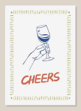Şarap tadımı posteri. Elinde şarap kadehi olan el yazısı, üstünde Cheers yazan mürekkep çizimi tarzı bir resim. Mönü, poster, etkinlik, parti ve kartlar için klasik kutlama konsepti tasarımı.