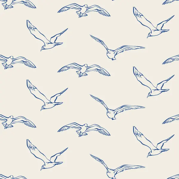 Martılar pürüzsüz desenli. Hafif bir arka planda kusursuz uçan kuş sürüsü. Kumaş, ambalaj kağıdı, ambalaj, deniz tasarımı, duvar kağıdı için el çizimi mavi çizgi çizimi sanat vektörü çizimi çizimi.