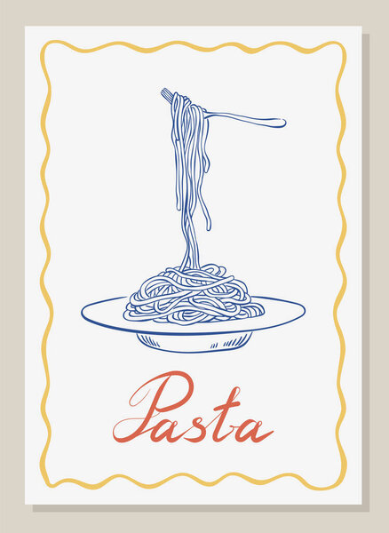 Pasta poster. Vintage design with spaghetti pasta on dish and fork in hand drawn ink style. Retro La Dolce Vita whimsical Italian food vector illustration for kitchen poster, menu, card, art print.