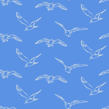 Martılar pürüzsüz desenli. Mavi arka planda kusursuz uçan bir kuş sürüsü. Kumaş, ambalaj kağıdı, ambalaj, deniz tasarımı, duvar kağıdı çizimleri için el çizimi sanat vektörü illüstrasyonu.