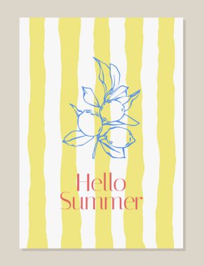 Elle çizilmiş kıyı elementleri olan İtalyan yaz posterleri. Limonlu, üzümlü, ayçiçekli, deniz kabuklu, la dolce vita tarzında Akdeniz mahsulü yaz kartları. Posterler, kartpostallar, afişler için.