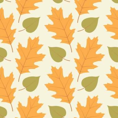 Sonbahar pürüzsüz bir desen bırakır. Sonbahar sıcacık renklerinde yeşillik arkaplanı. Sonbahar tasarımı, ambalaj, tekstil, ambalaj kağıdı, duvar kağıdı, Şükran Günü ve hasat festivali dekorasyonu için.